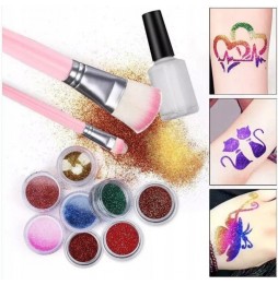 Duży Zestaw Tatuaże Brokatowe 200 Szablonów 24 Brokaty Klej Pędzelki