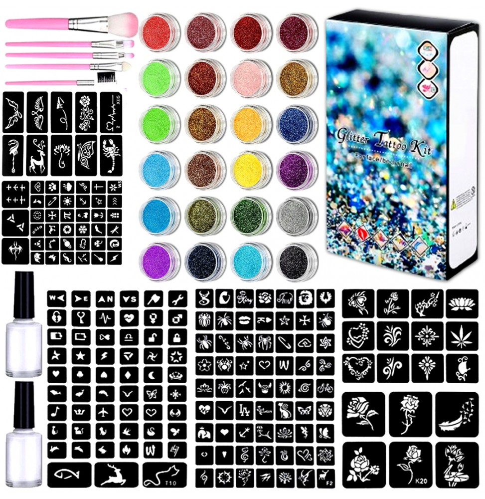 Duży Zestaw Tatuaże Brokatowe 200 Szablonów 24 Brokaty Klej Pędzelki