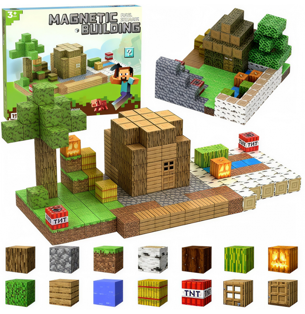 Klocki Magnetyczne Konstrukcyjne Piksele 3D Kwadratowe Budowlane Bloki 192el + 6 figurek