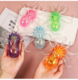 Gniotek Ośmiornica Brokatowa Squishy Gumowy Antystresowy Sensoryczny 14 cm
