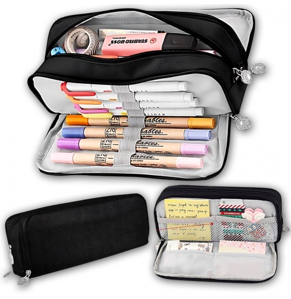 Piórnik Szkolny Wielofunkcyjny 3-komorowy Czarny Potrójna Saszetka